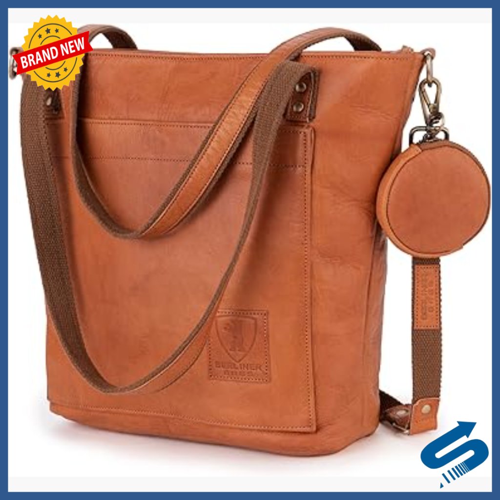 Large Genuine Leather Tote Bag With Adjustable Crossbody Strap